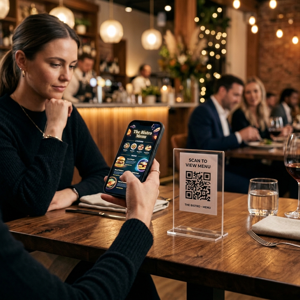 Smartphone scannt einen QR-Code auf einem Restauranttisch zur Bestellung